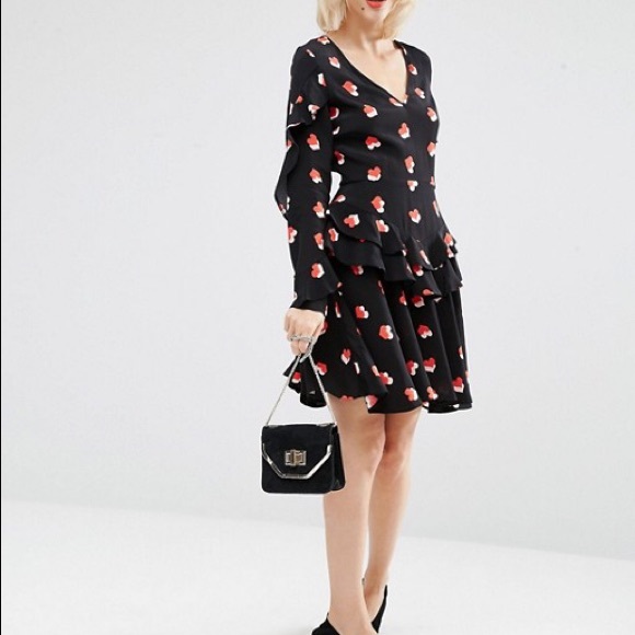 ♥️ ASOS ♥️ Black Bias Cut Hearts Ruffles Flapper Dress Women 0 XS Valentine - Picture 2 of 3
